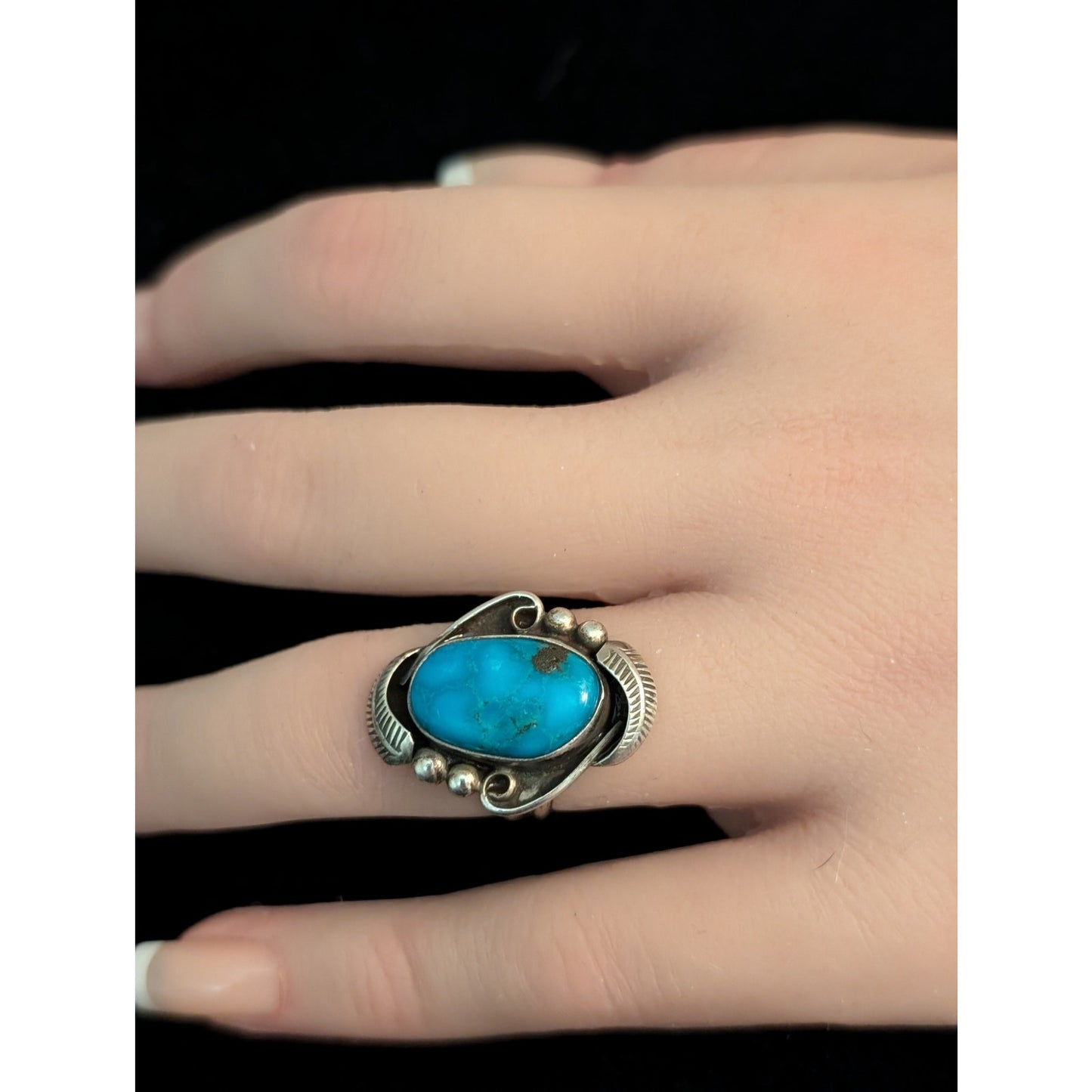 Vtg Southwestern Sterling Blue Turquoise Split Shank Feather Bead Ring Size 5