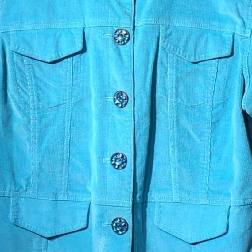 Live a Little Vtg Cotton Stretch Turquoise Corduroy Embellished Jacket Sz XL