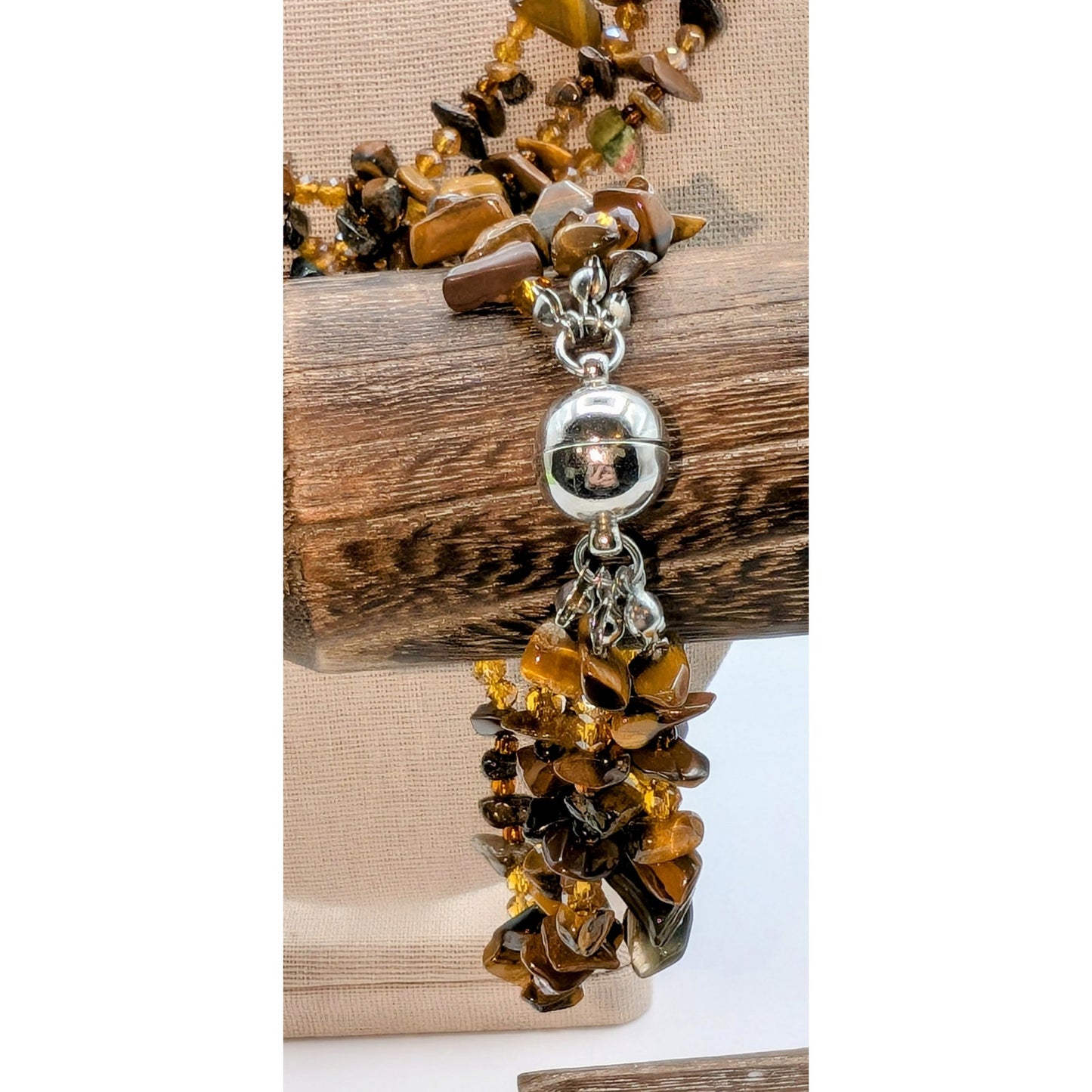 Triple Strand Tiger's Eye & Brown Chip Bead Magnetic Clasp Necklace & Bracelet