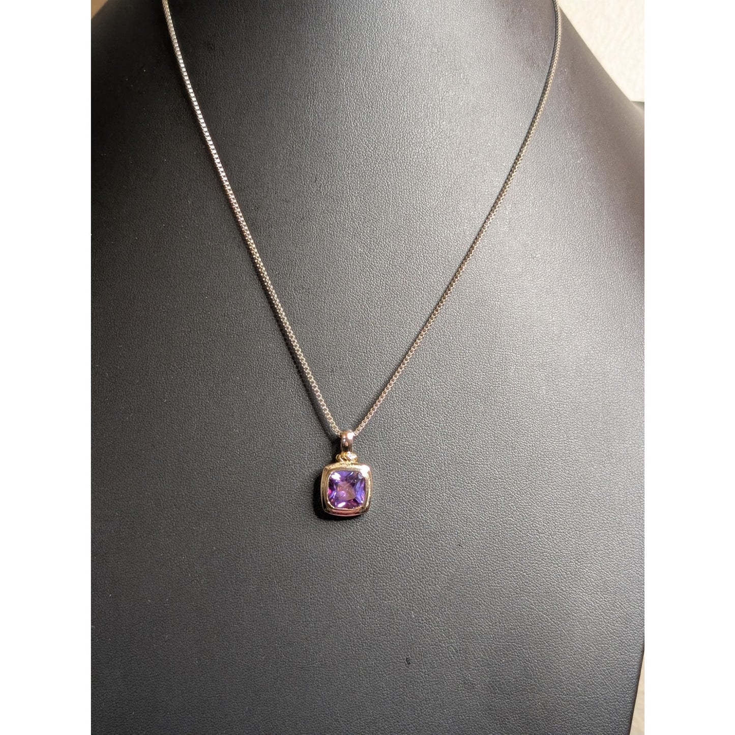 925 Sterling Purple Glass Stone Two Tone Pendant Box Chain 20" Necklace