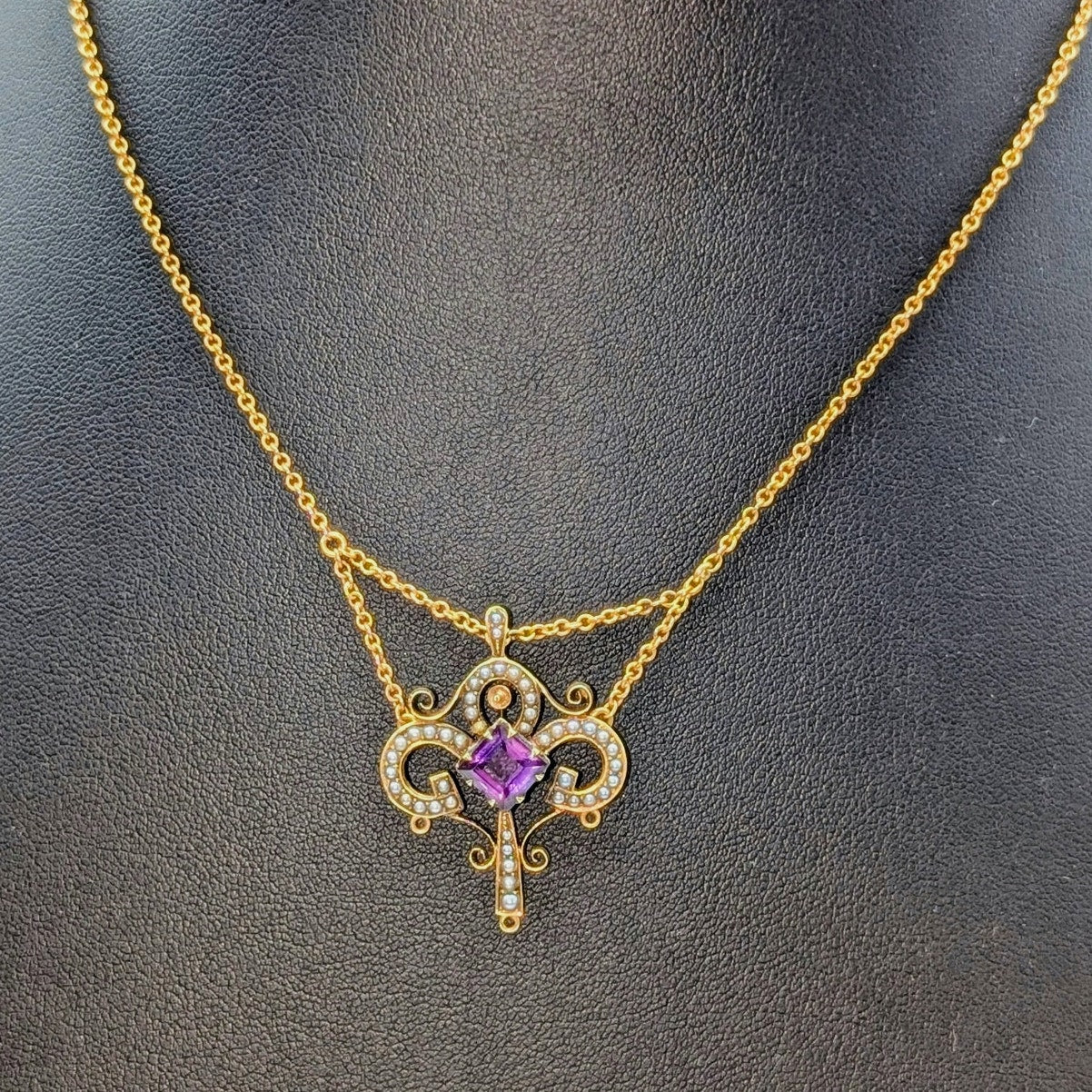 Antique 14k Yellow Gold Art Nouveau Amethyst Seed Pearl Festoon 15.5" Necklace