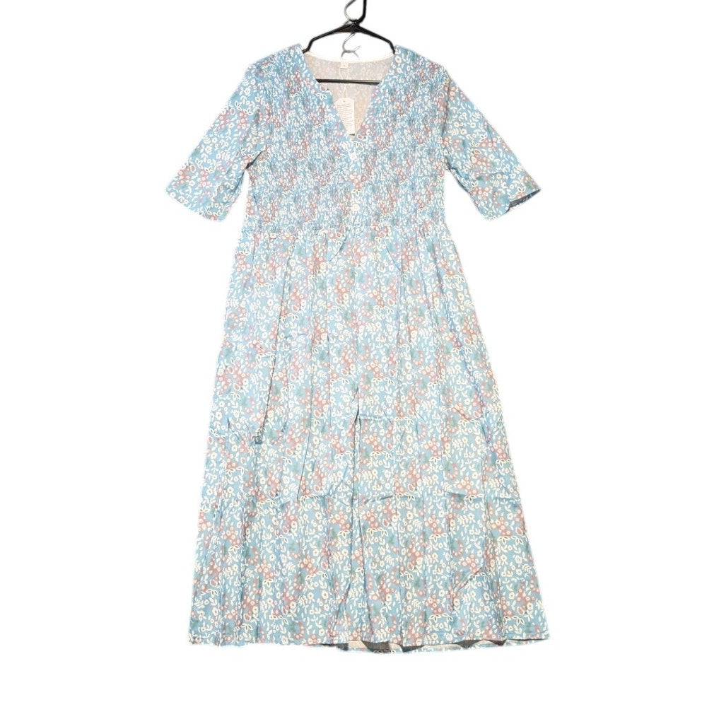 Made With Love Blue Lavender Floral Smock Bodice Short Sleeve NWT Dress Sz L