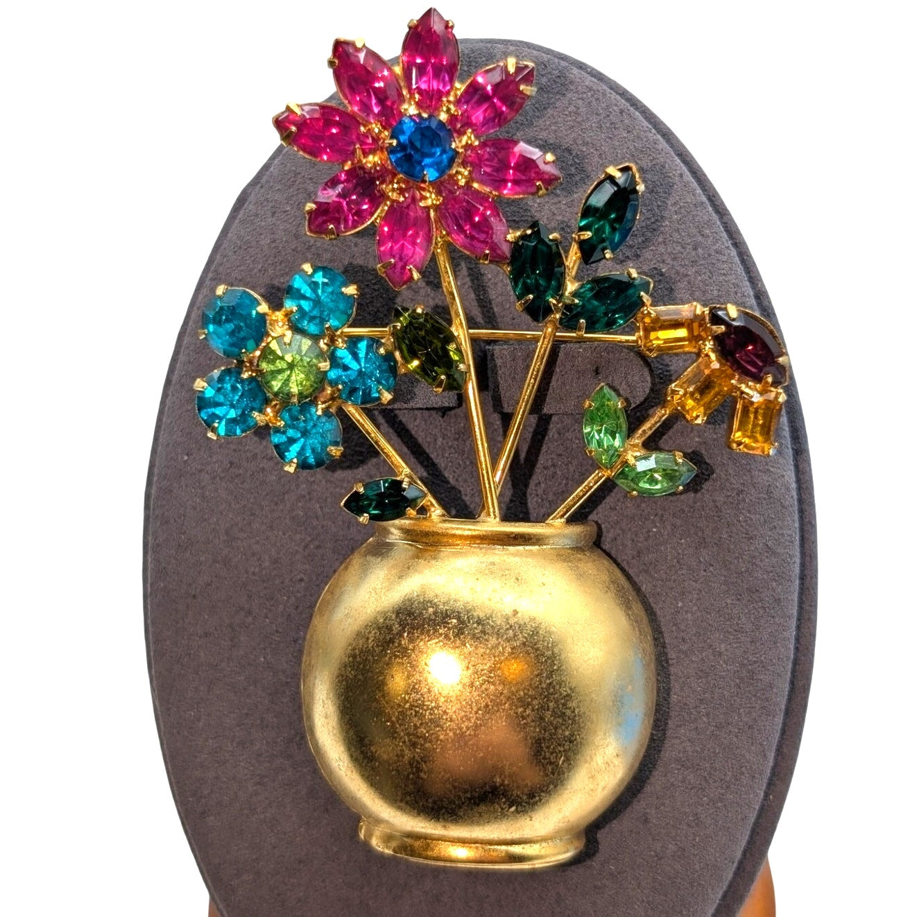 VTG Mid-Century Multi-Color Glass Stone Flowers in Gold Tone Flower Pot Brooch