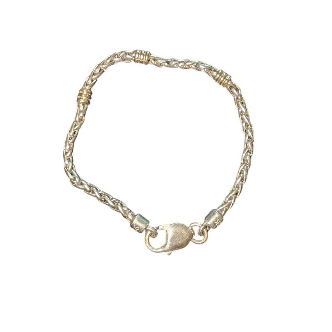18K Gold & 925 Sterling Silver--Wheat Chain Bracelet W/ 18K Gold Stations 12.22g