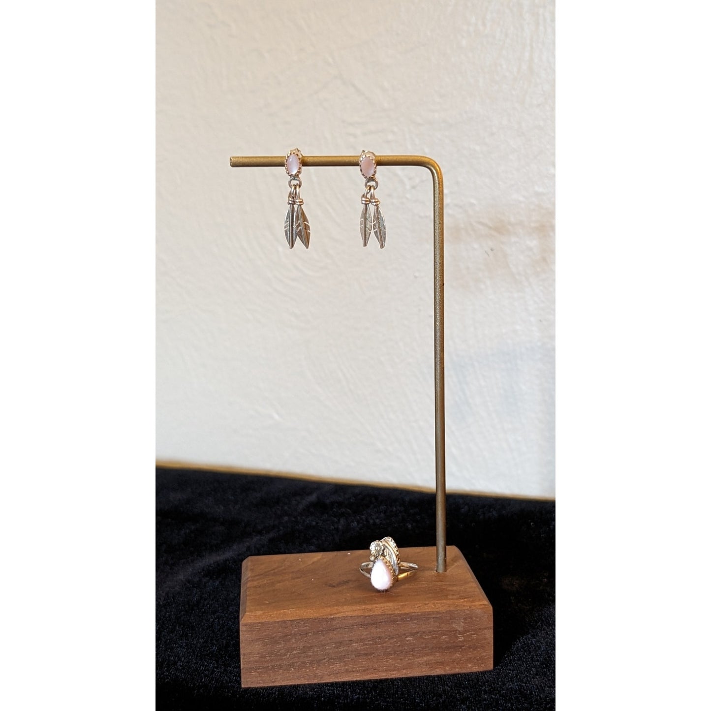 Native American Pink Stone Teardrop Ring Sz 4.75 & Feather Dangle Earring Set
