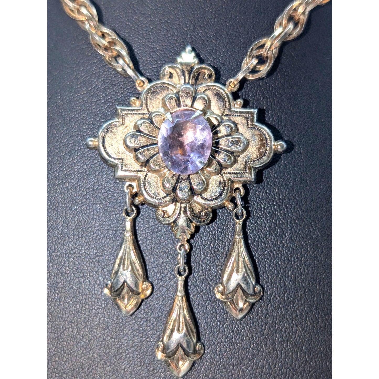 Vtg Signed Coro Victorian Art Nouveau Gold Plated Amethyst Stone Necklace