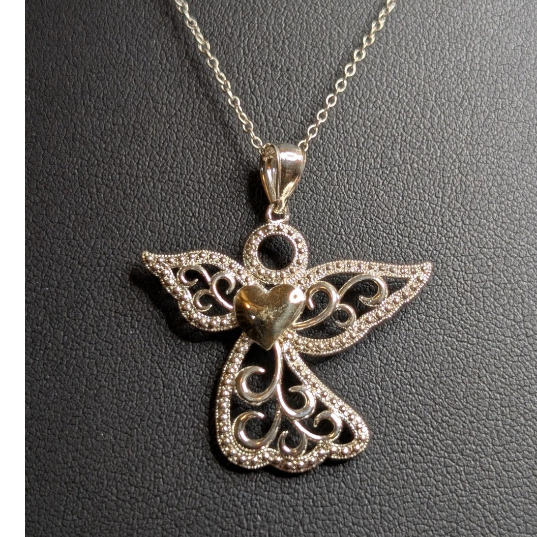 925 Sterling Silver Filigree Angel W/ 10K Yellow Gold Heart Pendant 18" Necklace