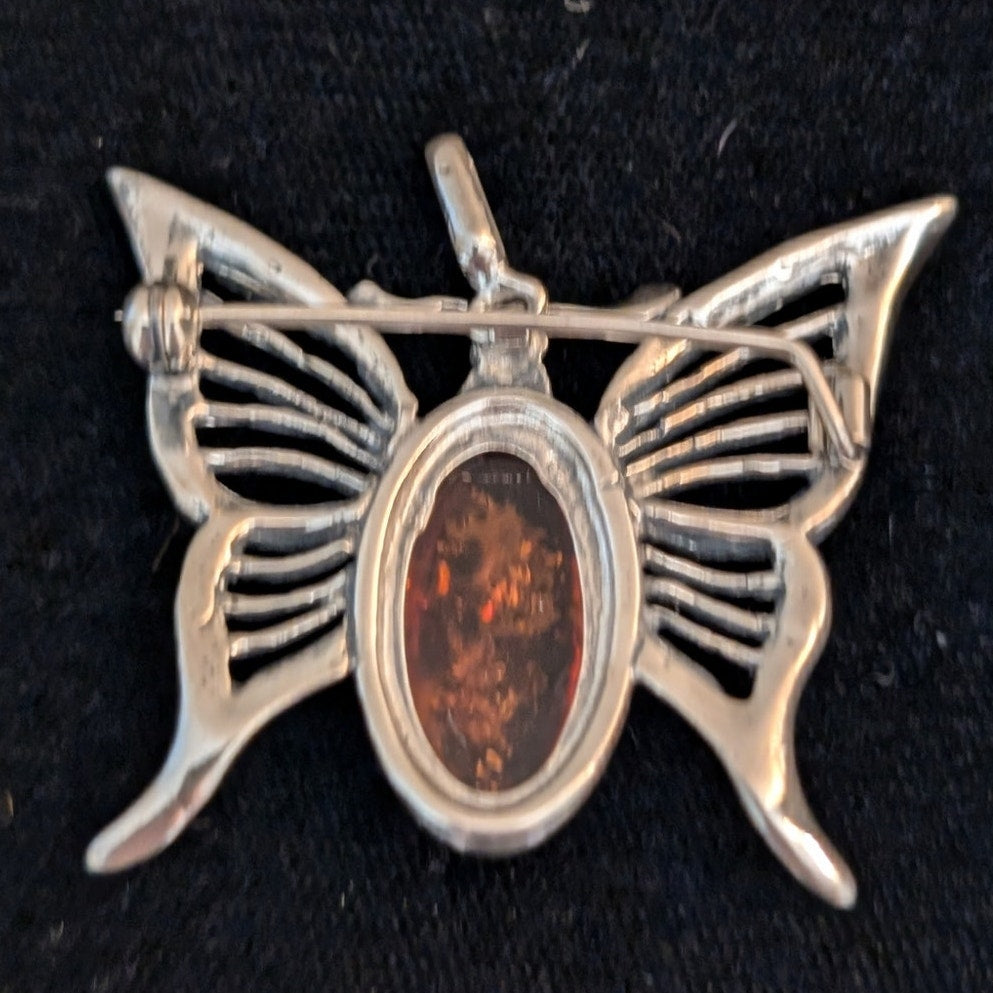Vintage Sterling Silver Baltic Amber Butterfly Brooch/Pendant