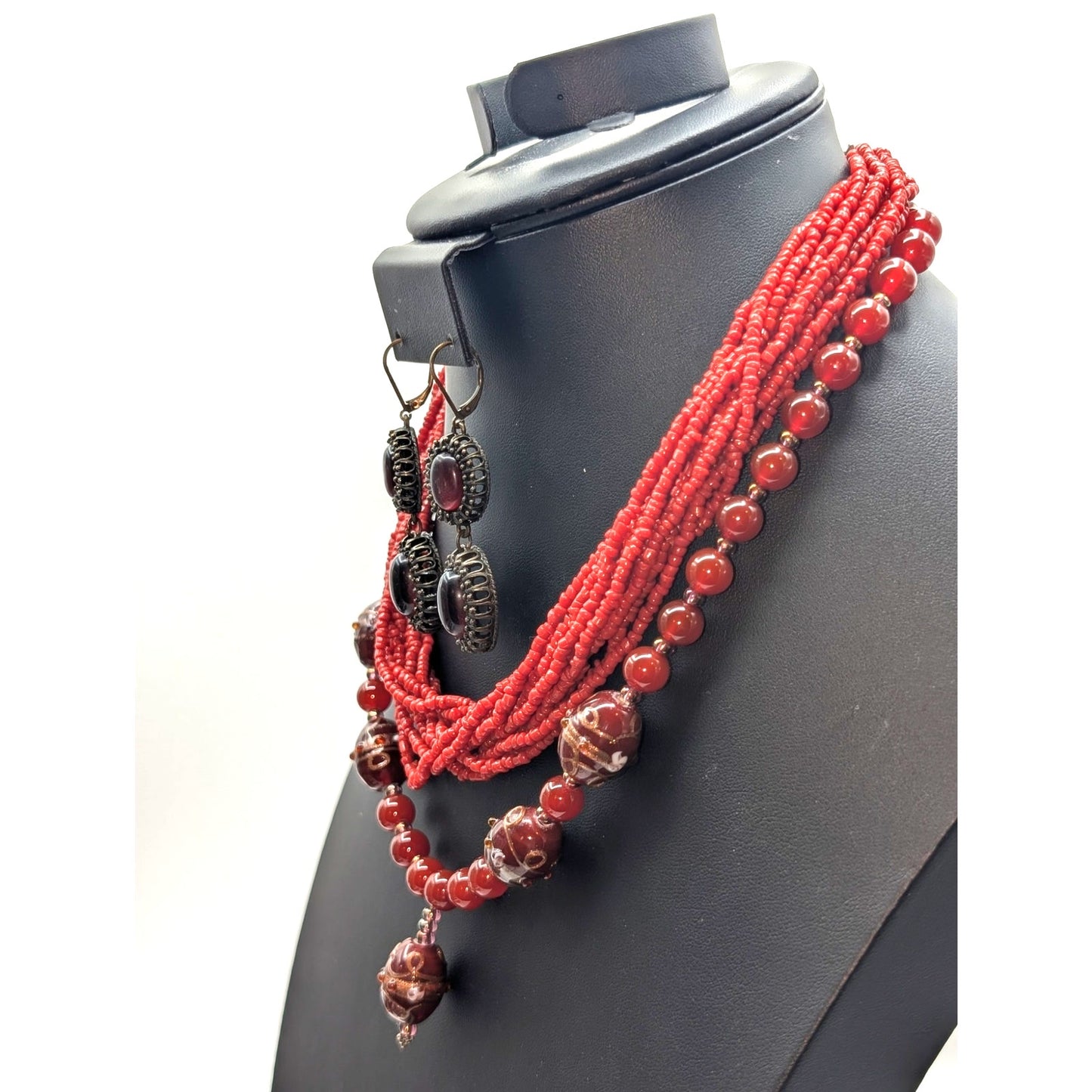 Lot of Boho Cranberry/Brick Color Beaded Necklaces & Earrings