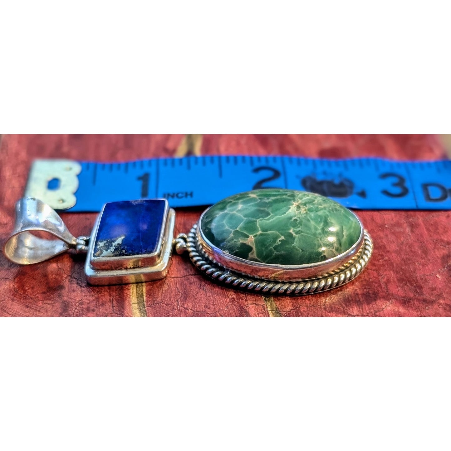 Vintage Native American Green Marbled Stone & Blue Lapiz Hinged 925 Pendant