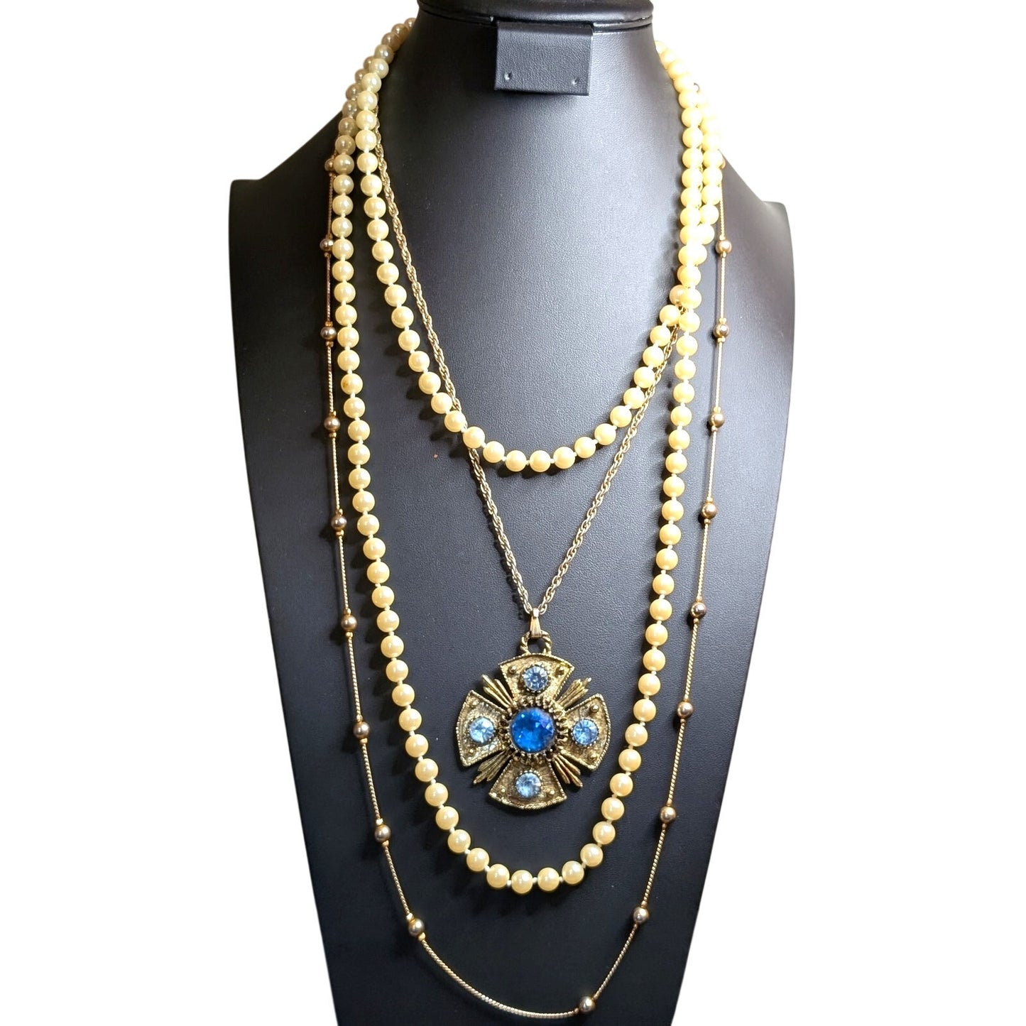 Lot of Three Layered Blue Rhinestone Faux Pearl Beaded Gold Tone Chain Necklaces