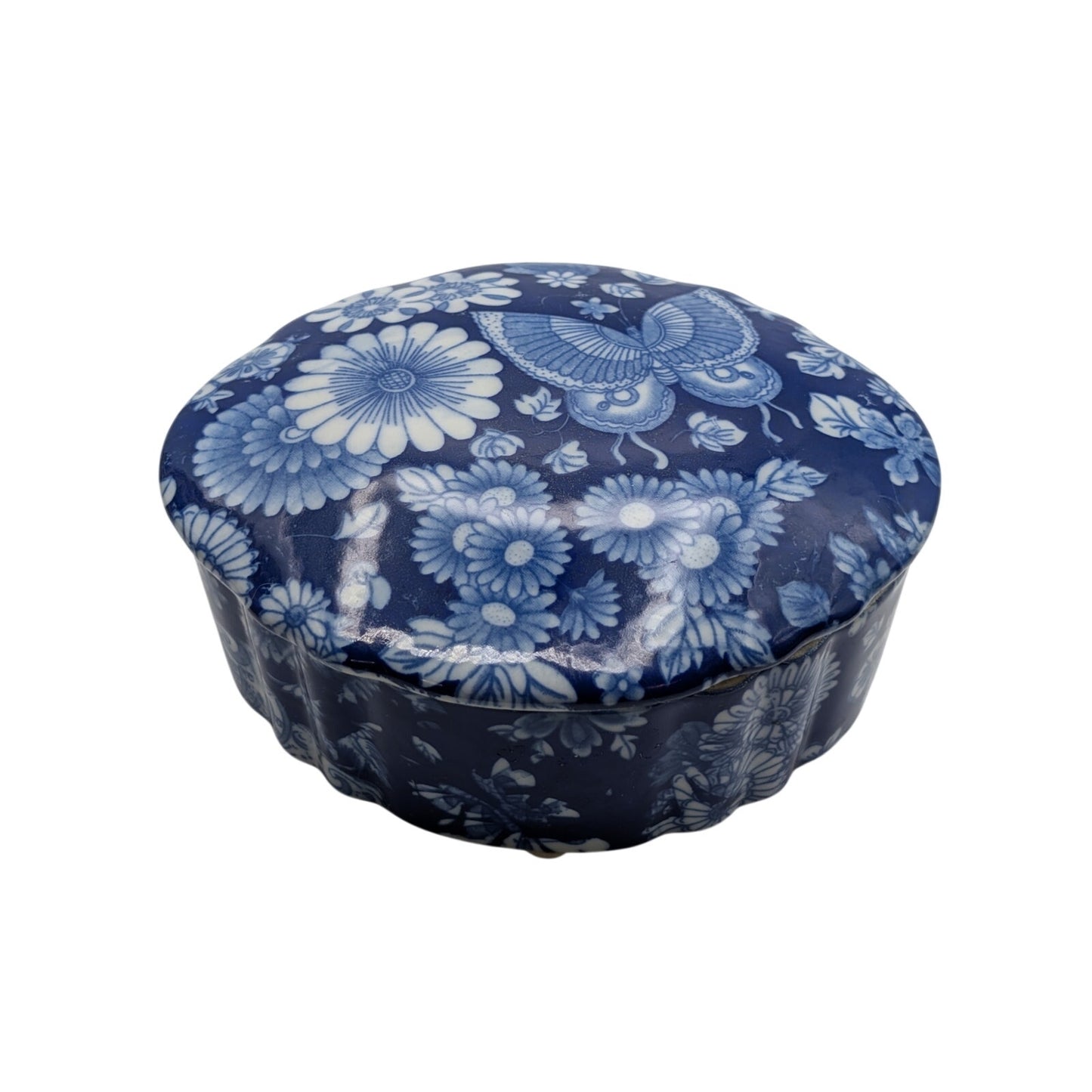 Vintage Blue & White Floral Butterfly Ceramic Trinket Box W/ Lid
