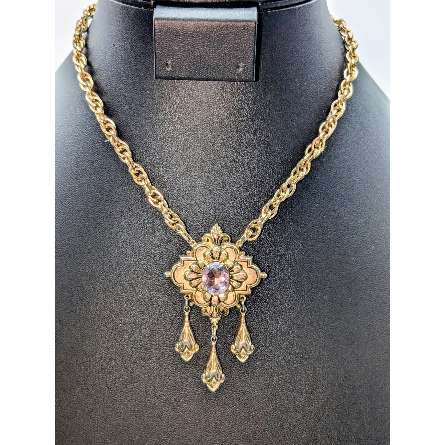Vtg Signed Coro Victorian Art Nouveau Gold Plated Amethyst Stone Necklace