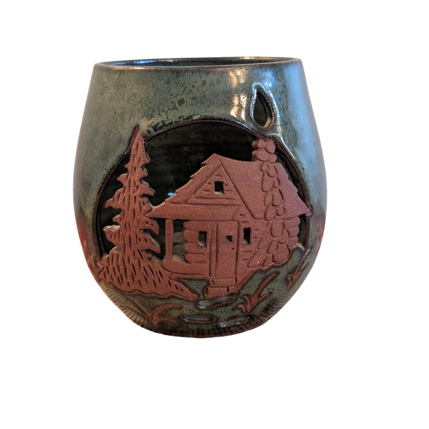 Signed RM Pottery Luminary Candle Holder Green W/ Brown Cut Out Cabincore Design