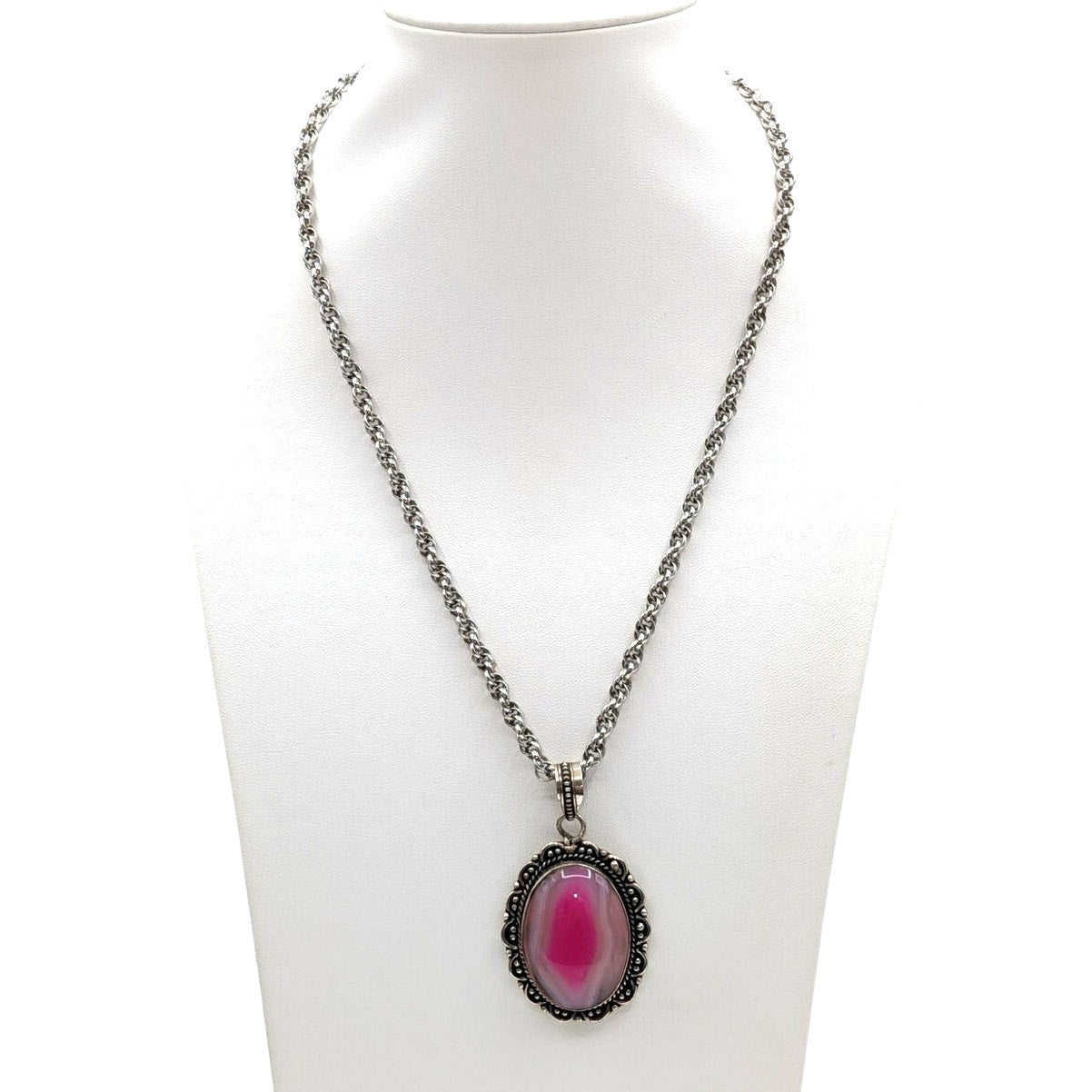 Vtg Pink Botswana Agate Oval Cabochon Silver Tone Pendant Rope Chain Necklace