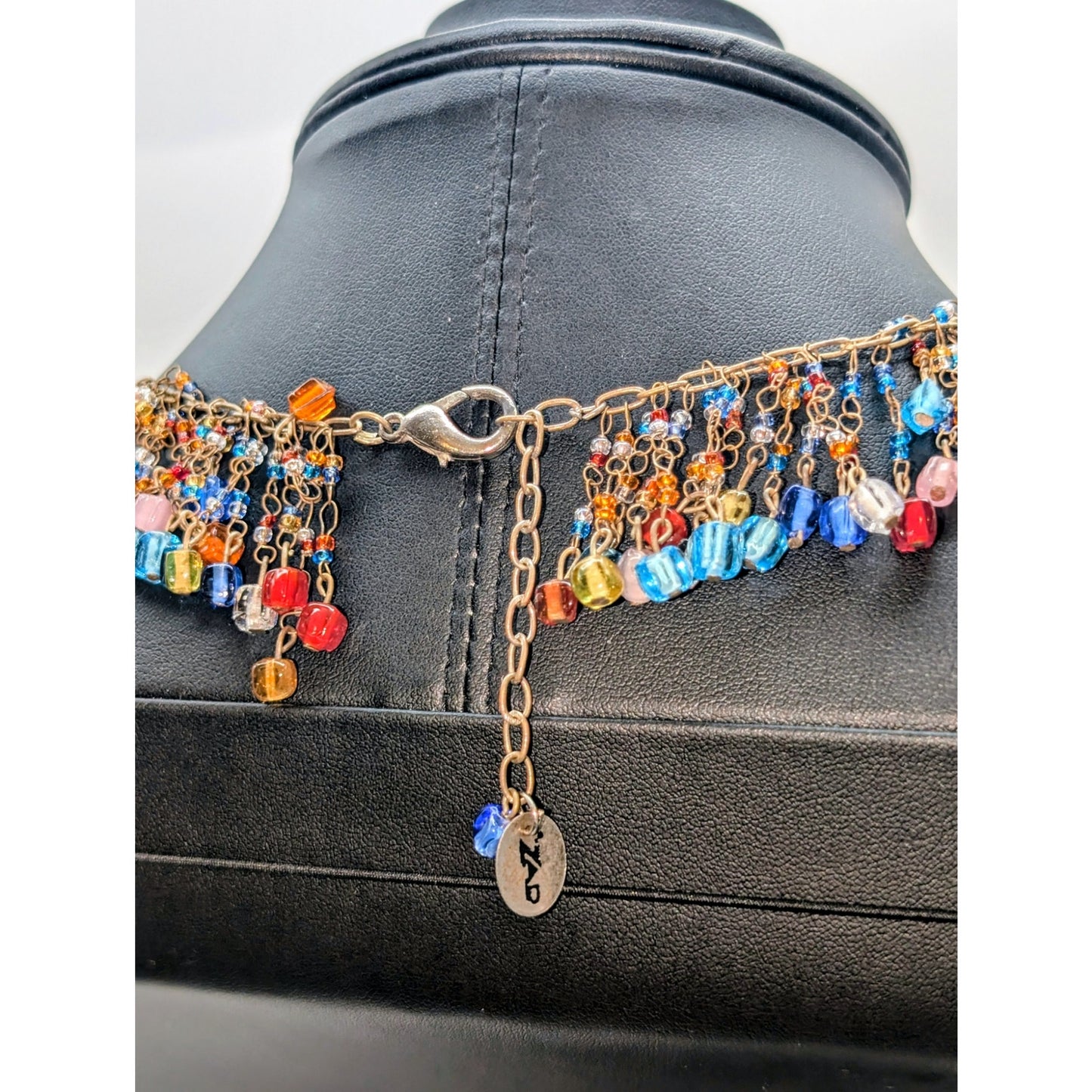 VTG Signed 'ZAD Murano Glass Style Cube Rainbow Beaded Fringe Collar Necklace