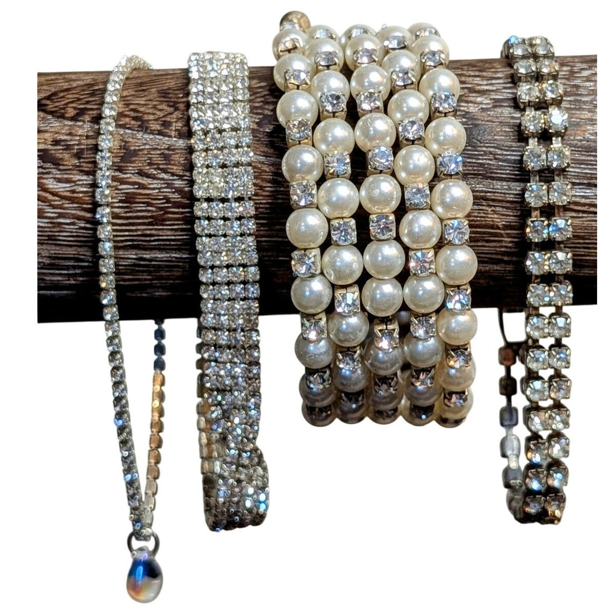 Lot of Four Vintage Pearl Rhinestone Silver Tone Bracelets