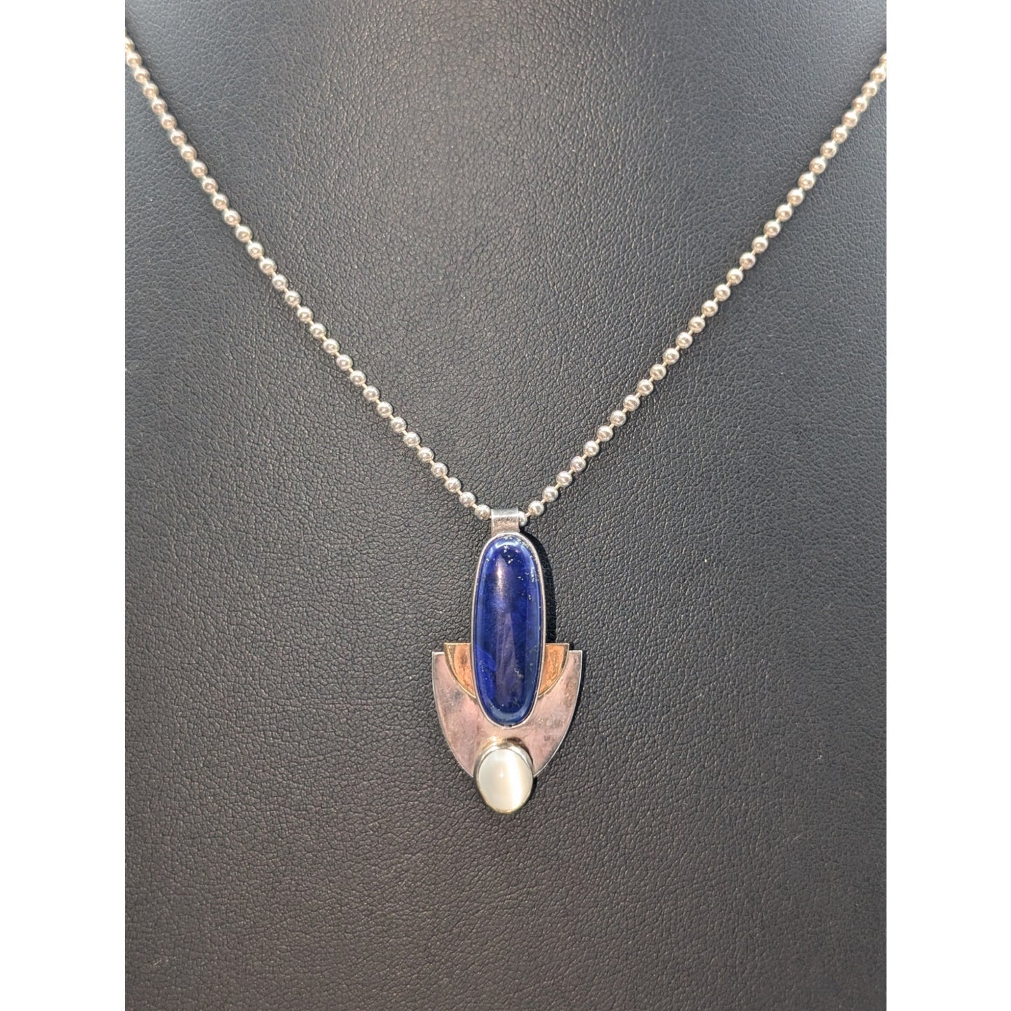 VTG Sterling Two Toned Lapis Lazuli & Moonstone Bead Ball Chain Necklace