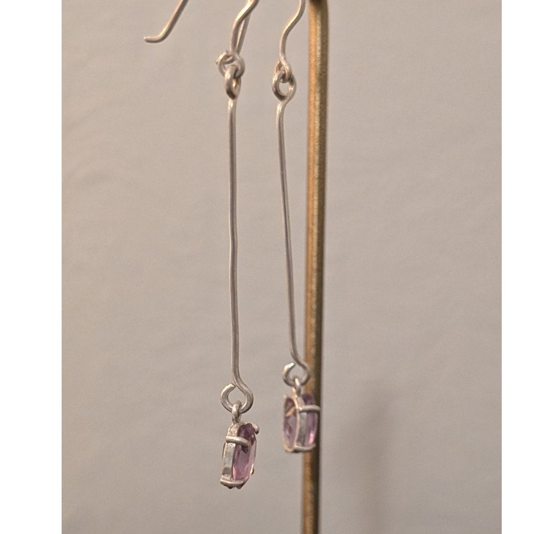 Vintage 925 Sterling Silver Long Bar Drop/Dangle Amethyst Gemstone Earrings