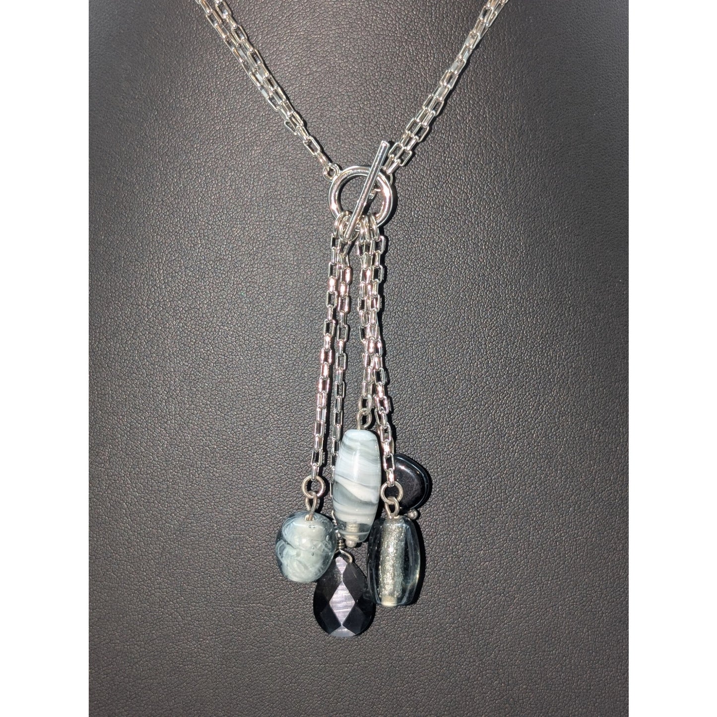 Silver Tone Double Square Link Chain Front Toggle Glass Bead Tassel 17" Necklace