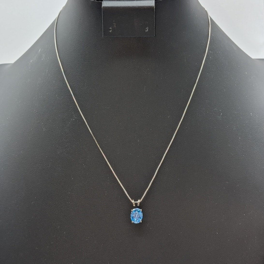 Vtg 925 Sterling Brilliant Blue Crystal Solitaire Pendant Box Chain Necklace