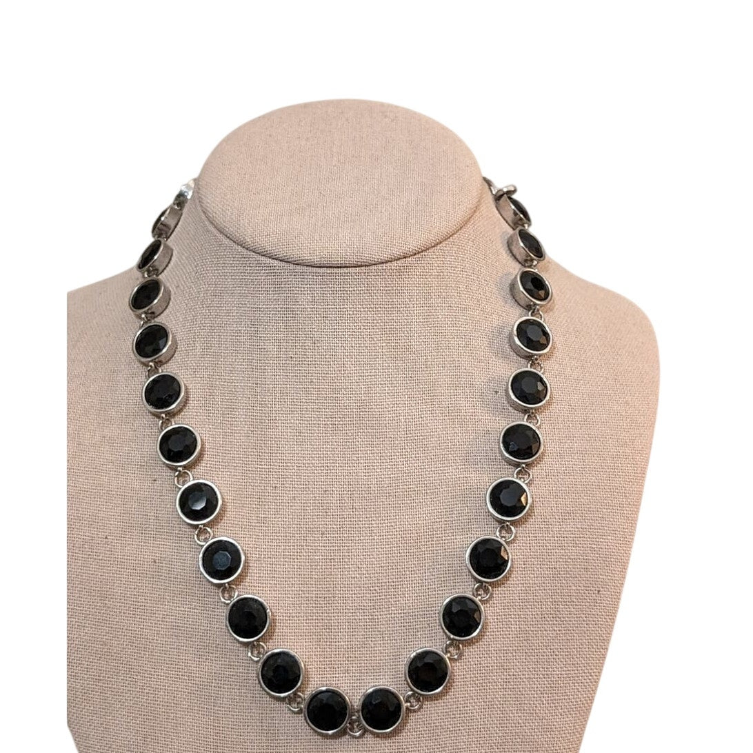 Bezel Set Faceted Glass Crystal Beads Set in Silver Tone Metal Necklace