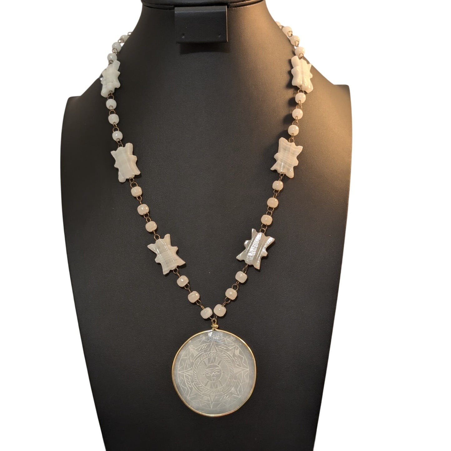 Carved White Quartz Mother of Pearl Gold Tone Bezel Medallion Beaded Necklace