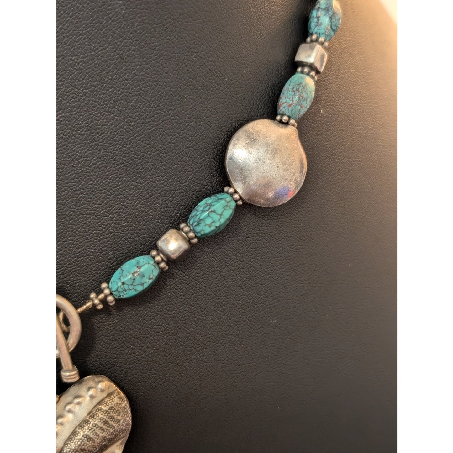 925 Textured Puff Heart Pillow Square & Turquoise Bead Toggle Clasp Necklace