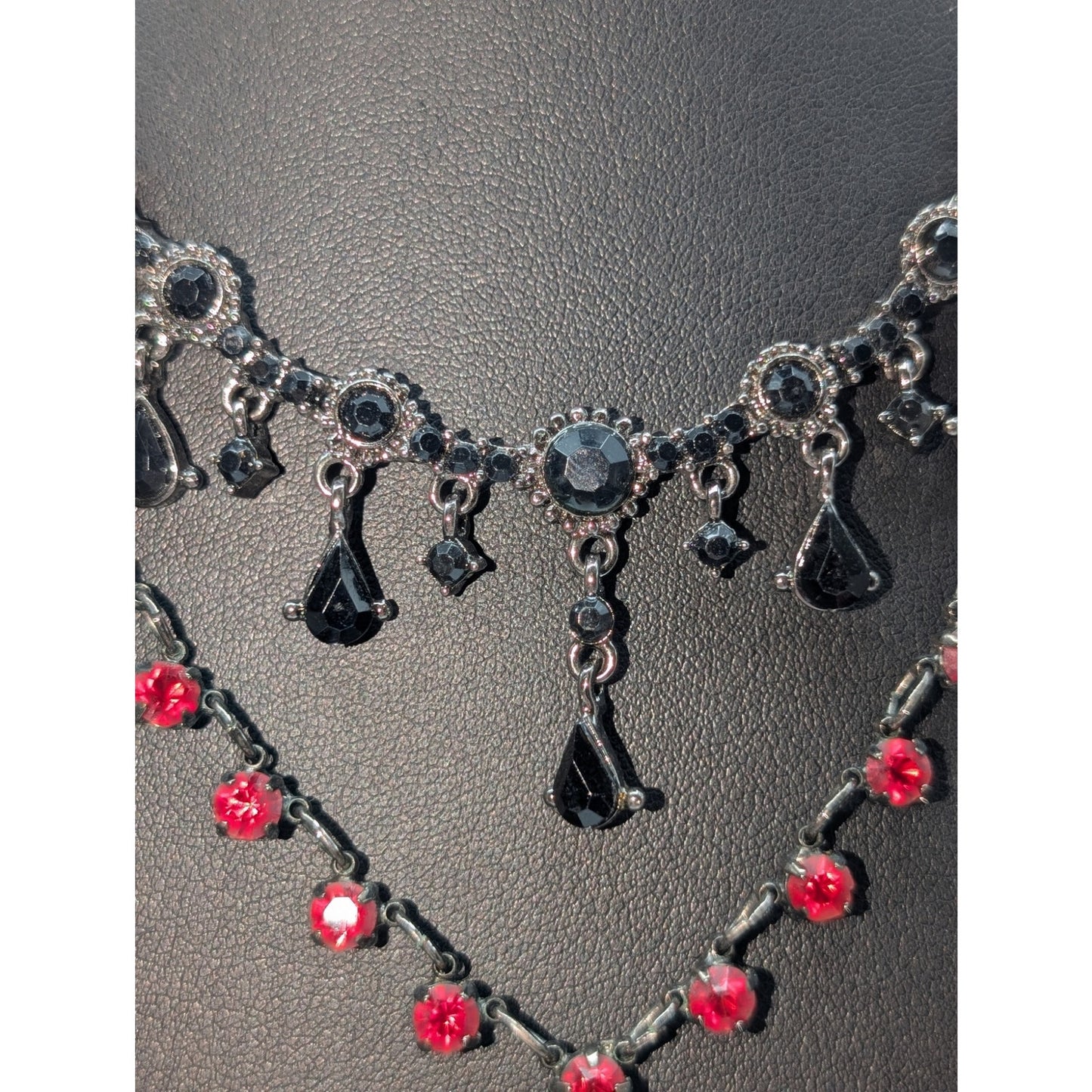 Lot of Two Black Red Crystal Antique Look Necklaces