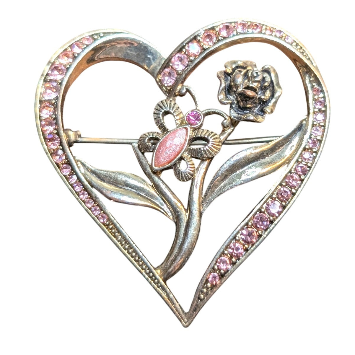 Vintage Gold Tone Pink Rhinestone Heart Rose Butterfly Brooch/Pin