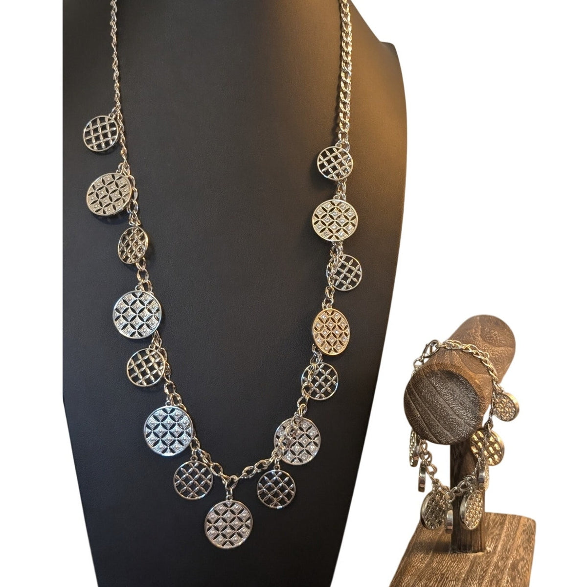 Charter Club Silver Tone Rhinestone Disk Charm Necklace & Matching Bracelet