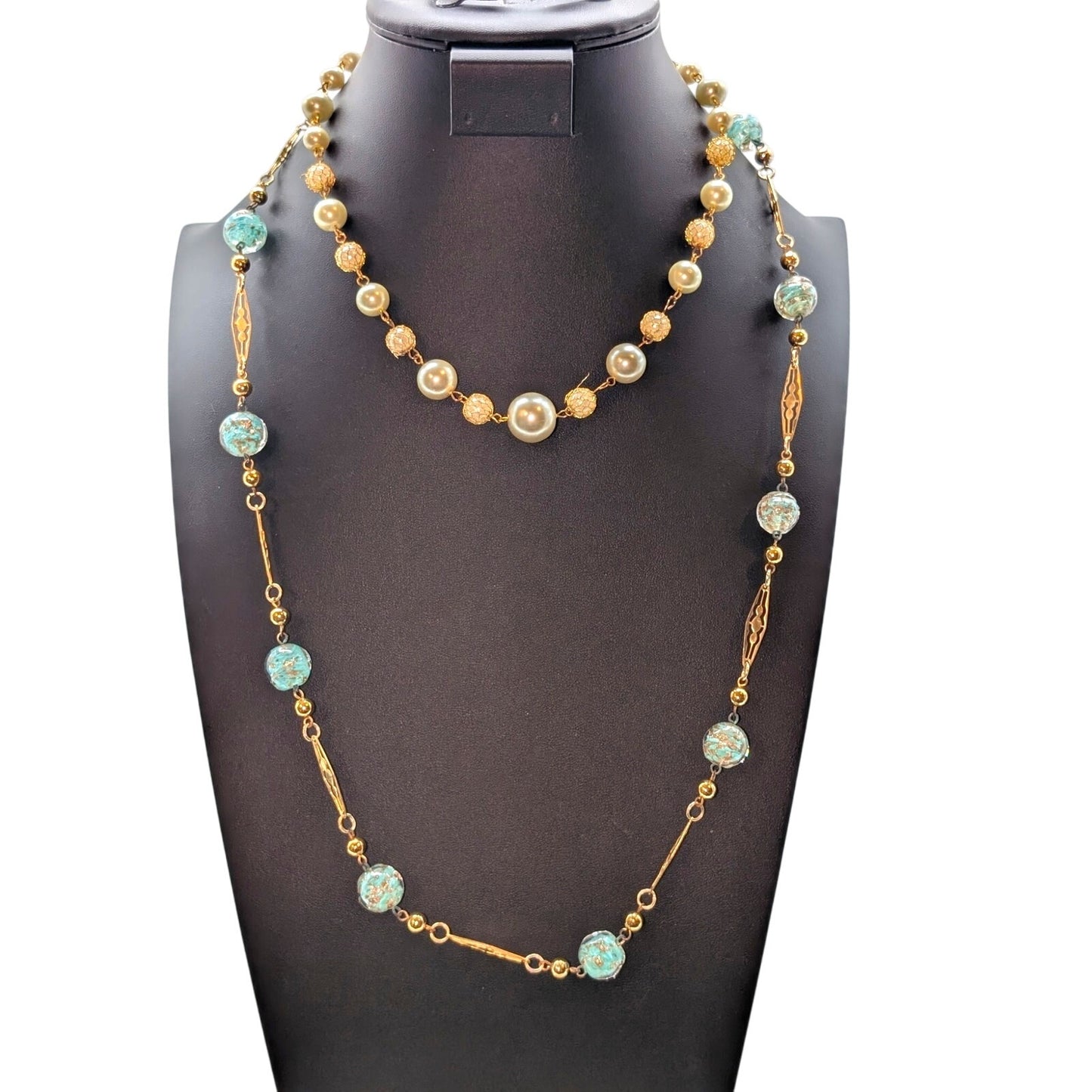 Vintage Blue Gold Glitter Glass Lampwork Pearl Gold Tone Chain Necklace Lot