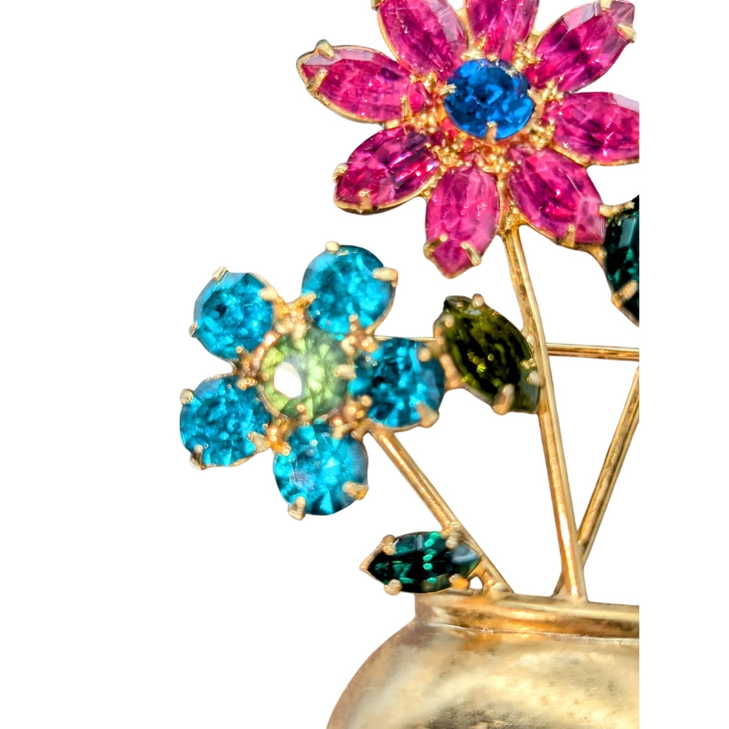 VTG Mid-Century Multi-Color Glass Stone Flowers in Gold Tone Flower Pot Brooch