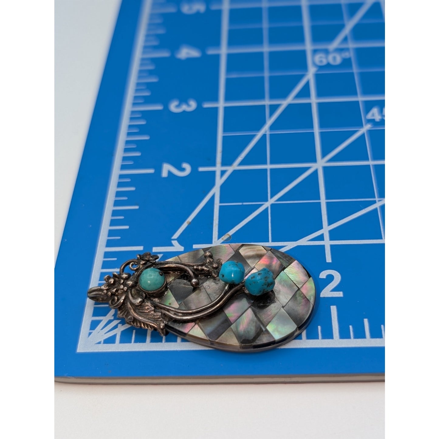 Vintage Checkerboard Design Abalone Shell Sterling Silver Turquoise Pendant Only