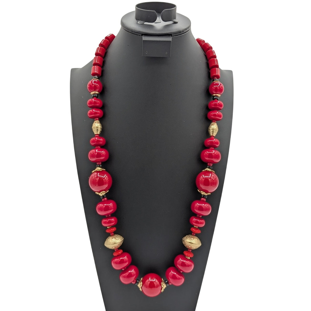 Chico's Chunky Heavy Red, Gold & Black Beaded 34"-40" Statement Necklace