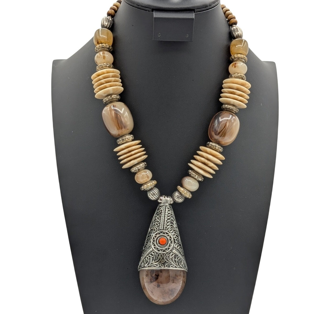 Vintage Tribal Tibetan Heavy Chunky Pendant Beaded 21" Long Necklace