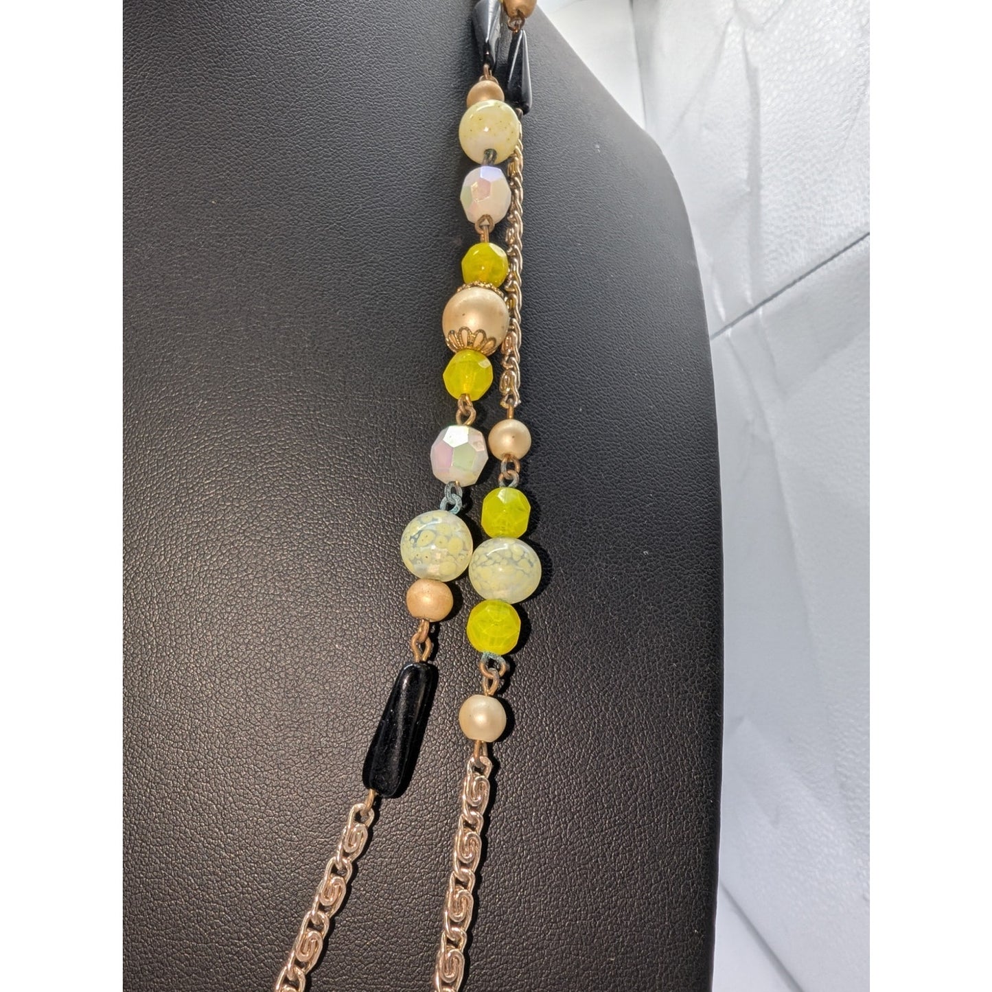 Vintage Black Yellow Cream White Beaded Station Chain Long 60" Necklace