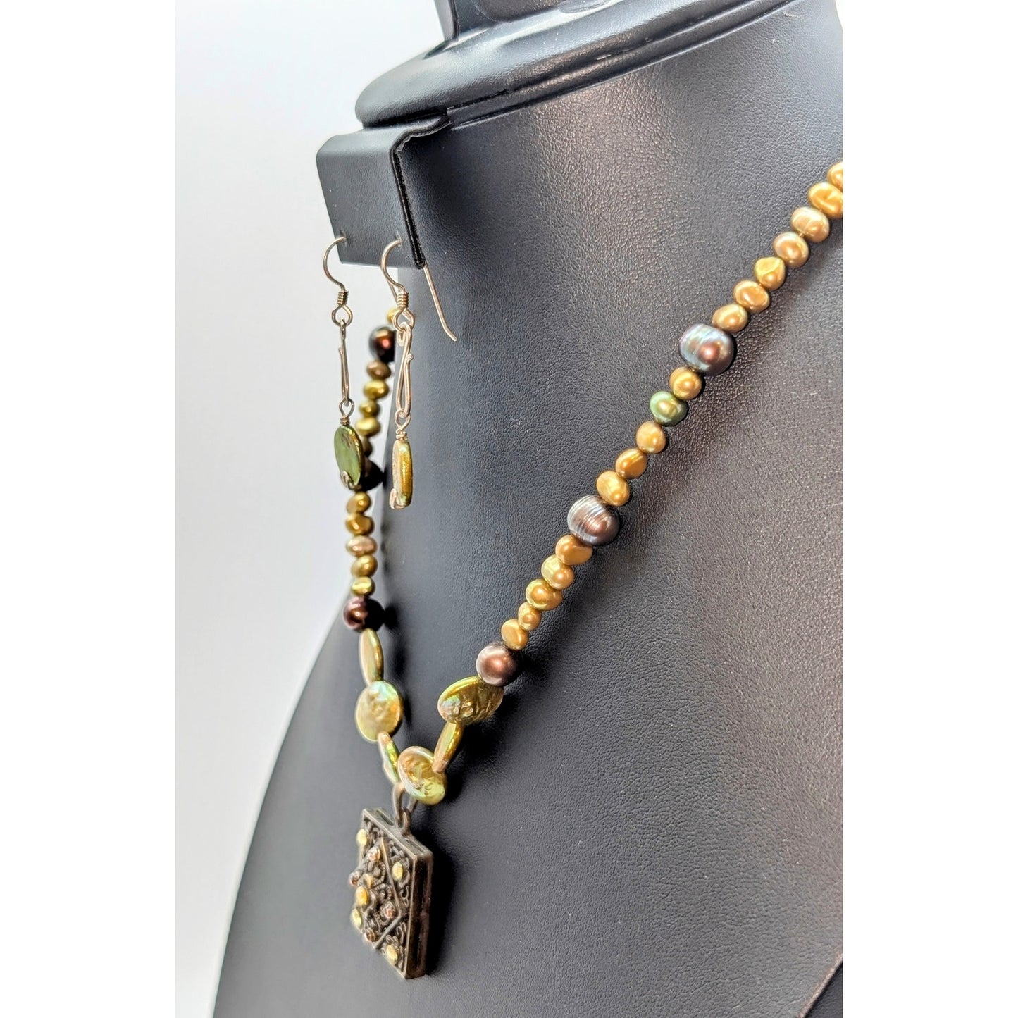 Genuine Green Coin Pearl Antiqued Filigree Square Pendant Necklace & Earring Set