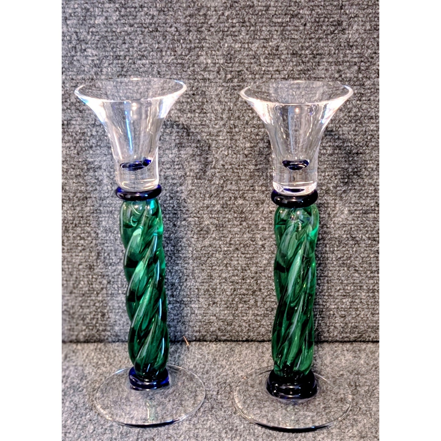 Pair of Green & Blue Twisted Glass Tulip Top Candle Holders