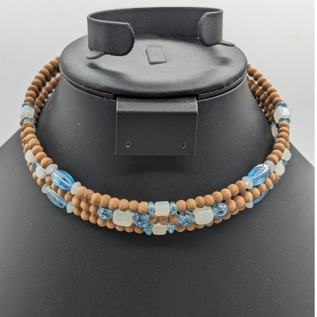 Vintage Triple Strand Wood Light Blue & Milky White Beaded Wire Boho Choker