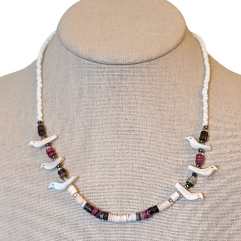 Vintage Carved Bird Fetish Heishi Beaded 18" Necklace W/ Barrel Clasp