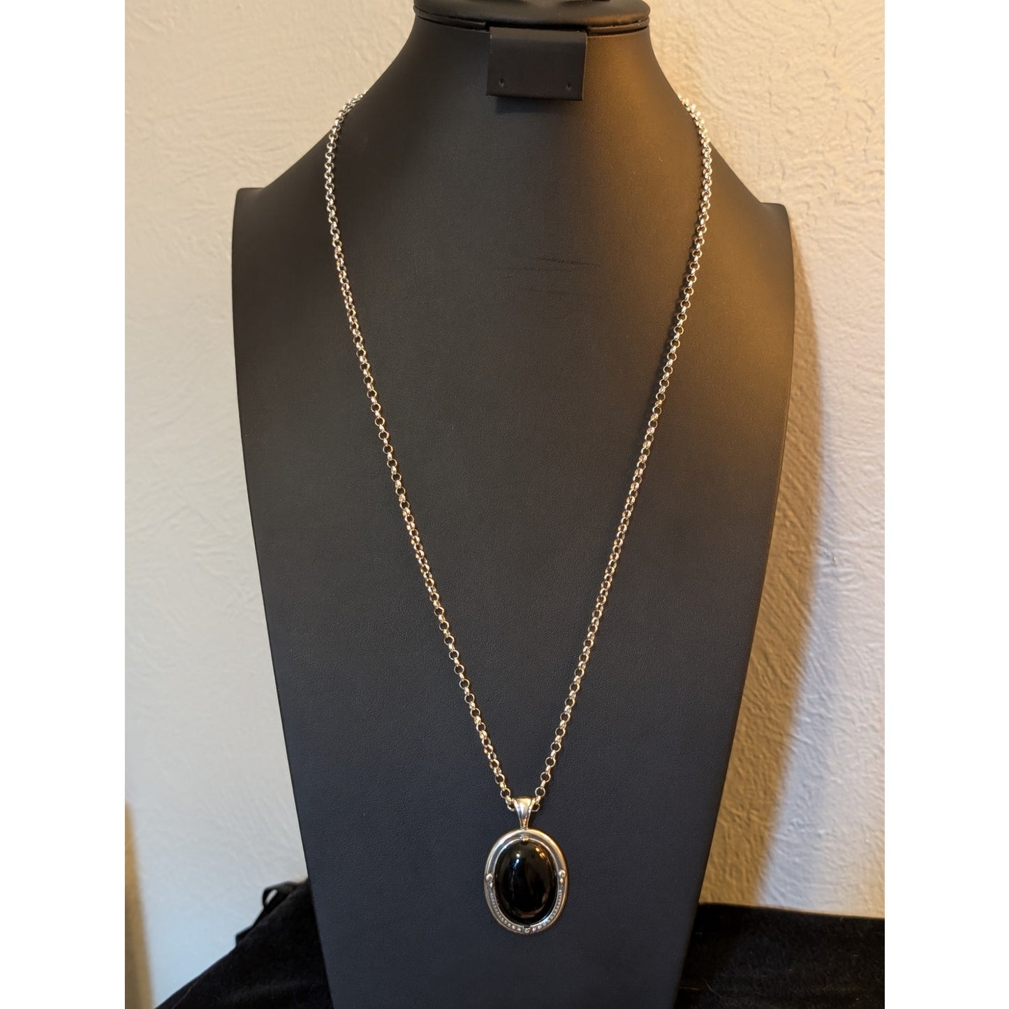 Large Black Stone 925 Sterling Silver Pendant 30" 925 Rolo Chain Necklace