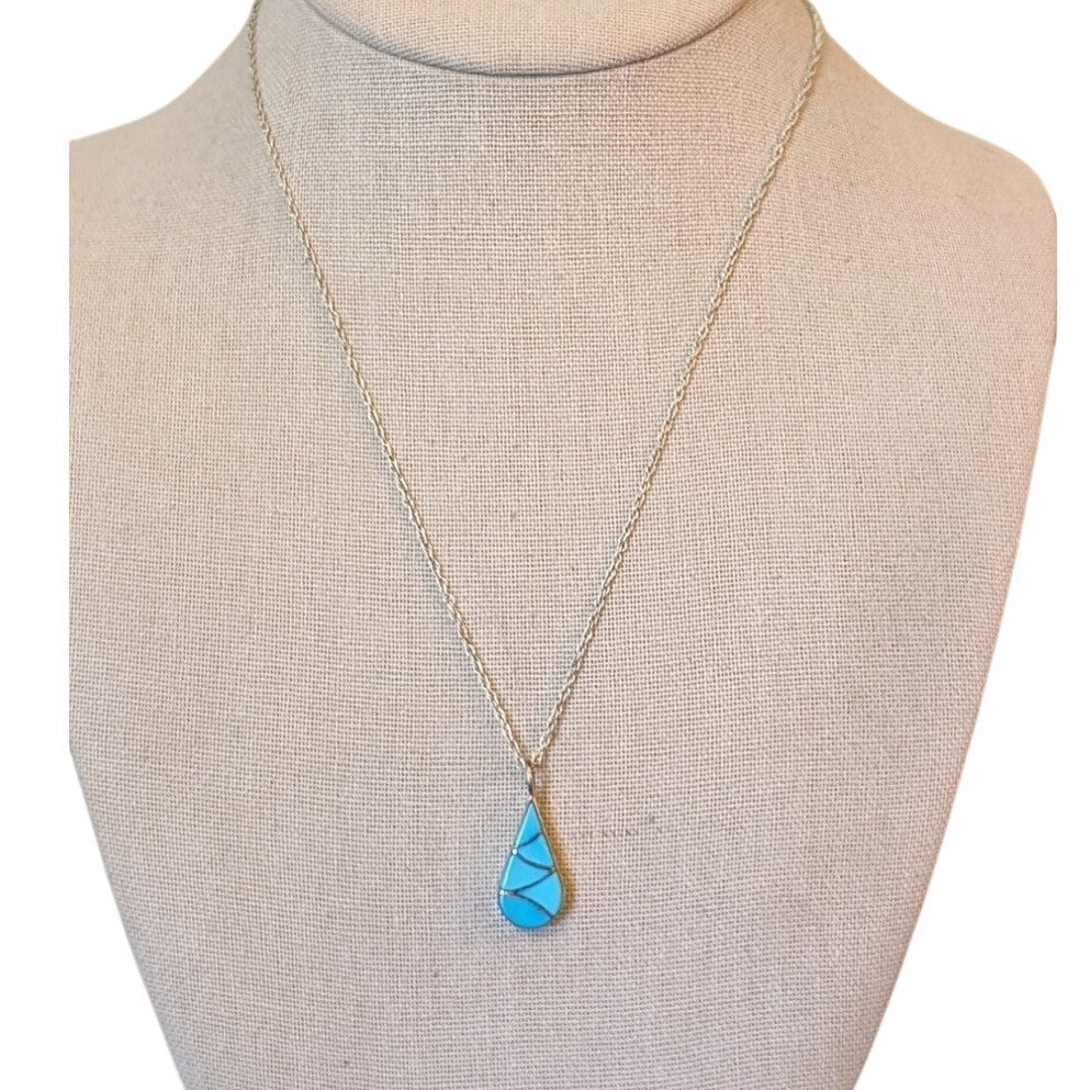 925 Silver Reversible Turquoise & Mother of Pearl Teardrop Pendant 18" Necklace