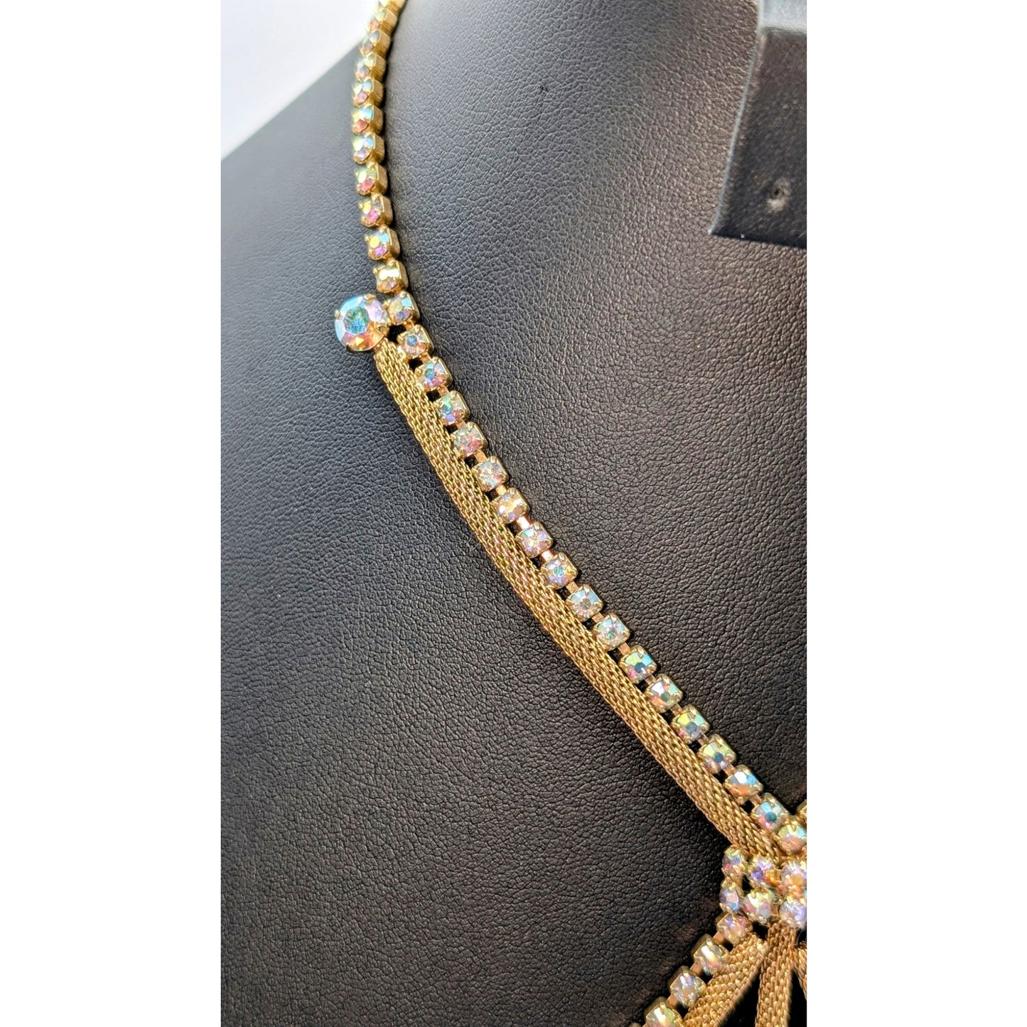Vintage Aurora Borealis Rhinestone Gold Tone Mesh Tassel 15" Necklace