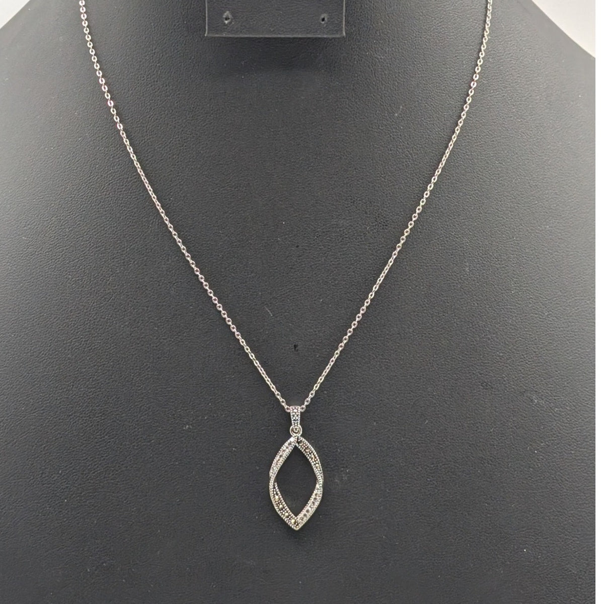 Twisted Marcasite Crystal Pendant on 925 Sterling Silver 17.5" Chain Necklace