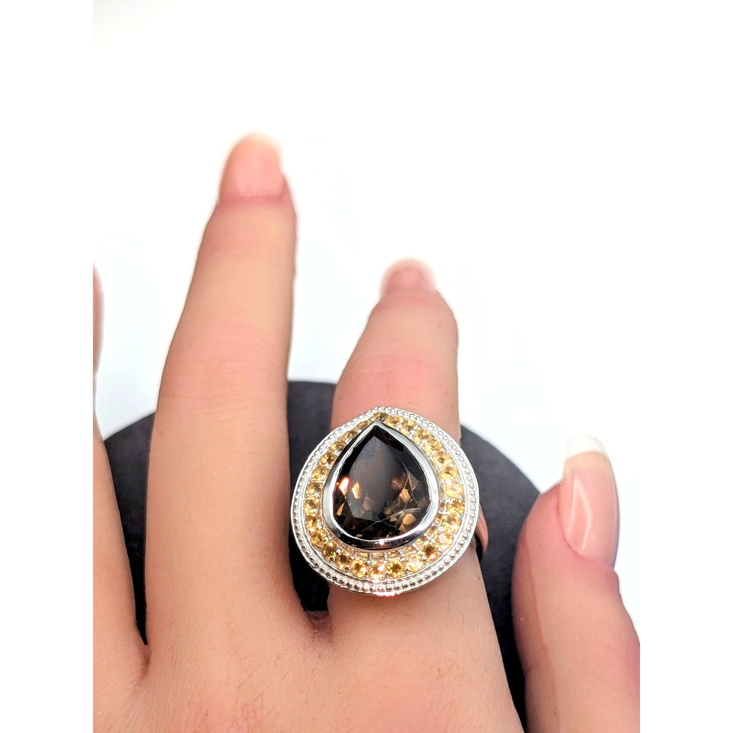 925 Sterling Brown Topaz Teardrop Center Stone Citrine Stone Surround Ring Sz 7