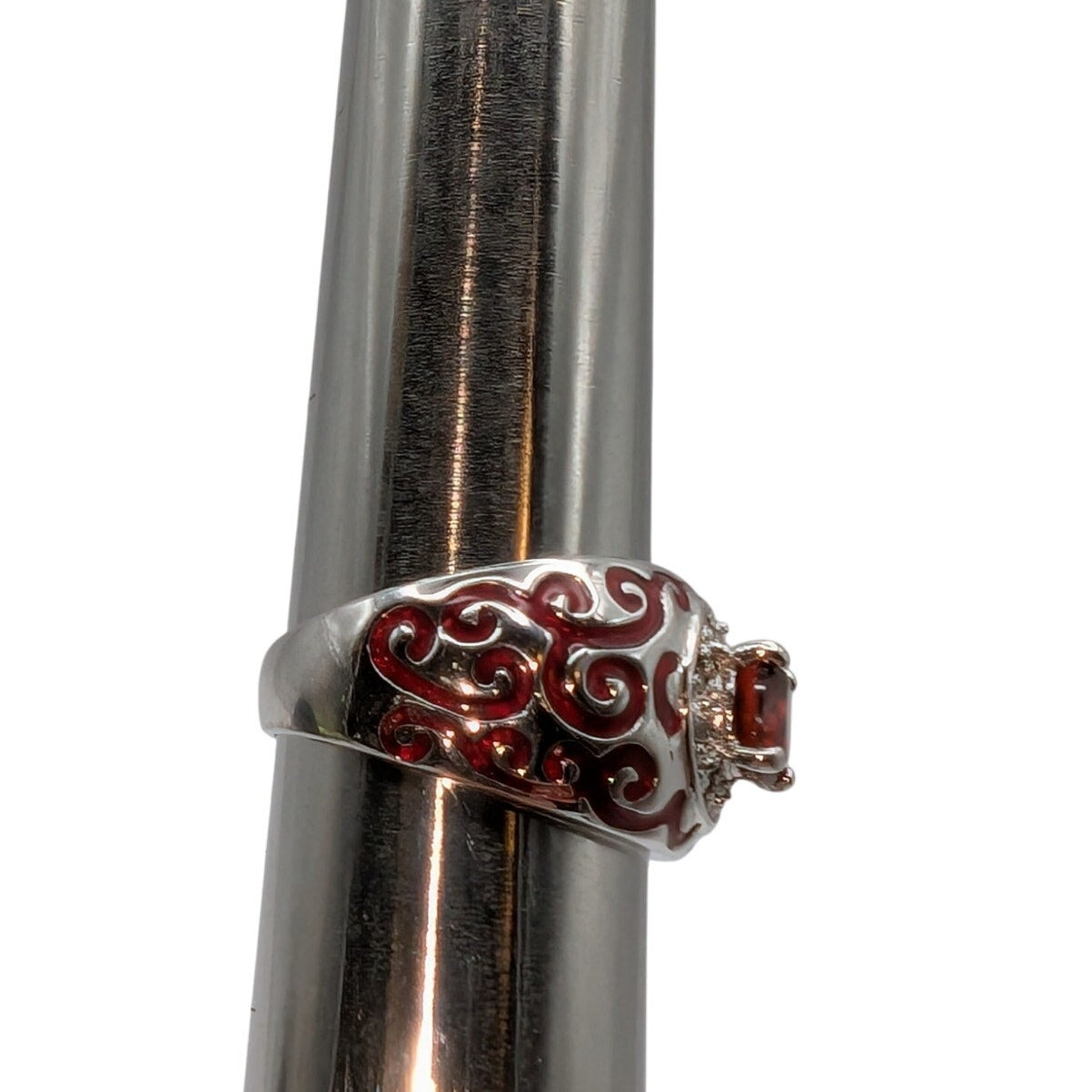 Red Glass CZ Red Enamel Swirl Silver Tone Cocktail Ring Size 8
