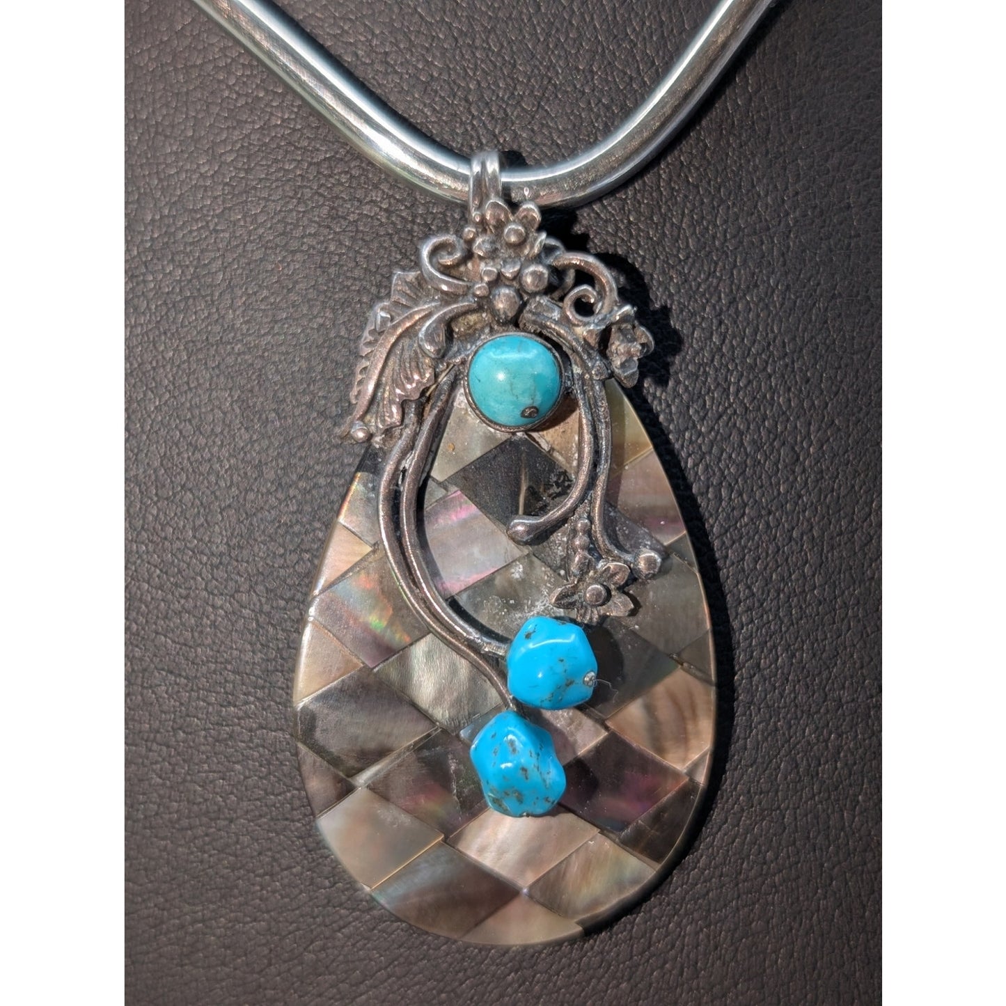 Vintage Checkerboard Design Abalone Shell Sterling Silver Turquoise Pendant Only