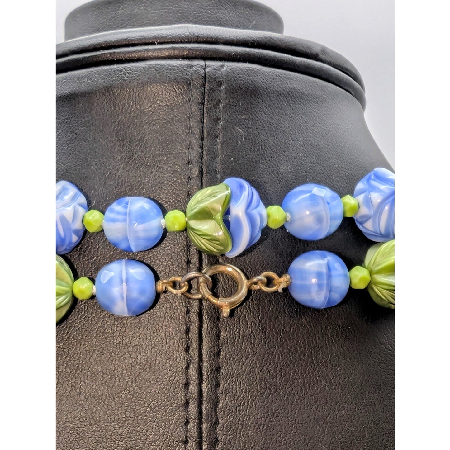 Vintage Art Deco Blue Green Slag Glass Flower Bead Long 50" Necklace