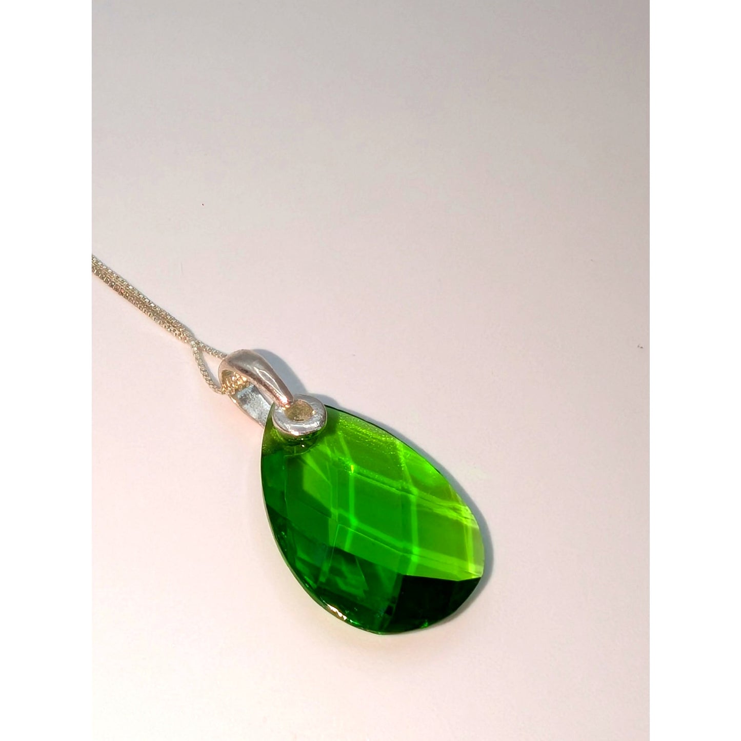 925 Sterling Silver Green Faceted Crystal Teardrop Pendant 18.5" Necklace